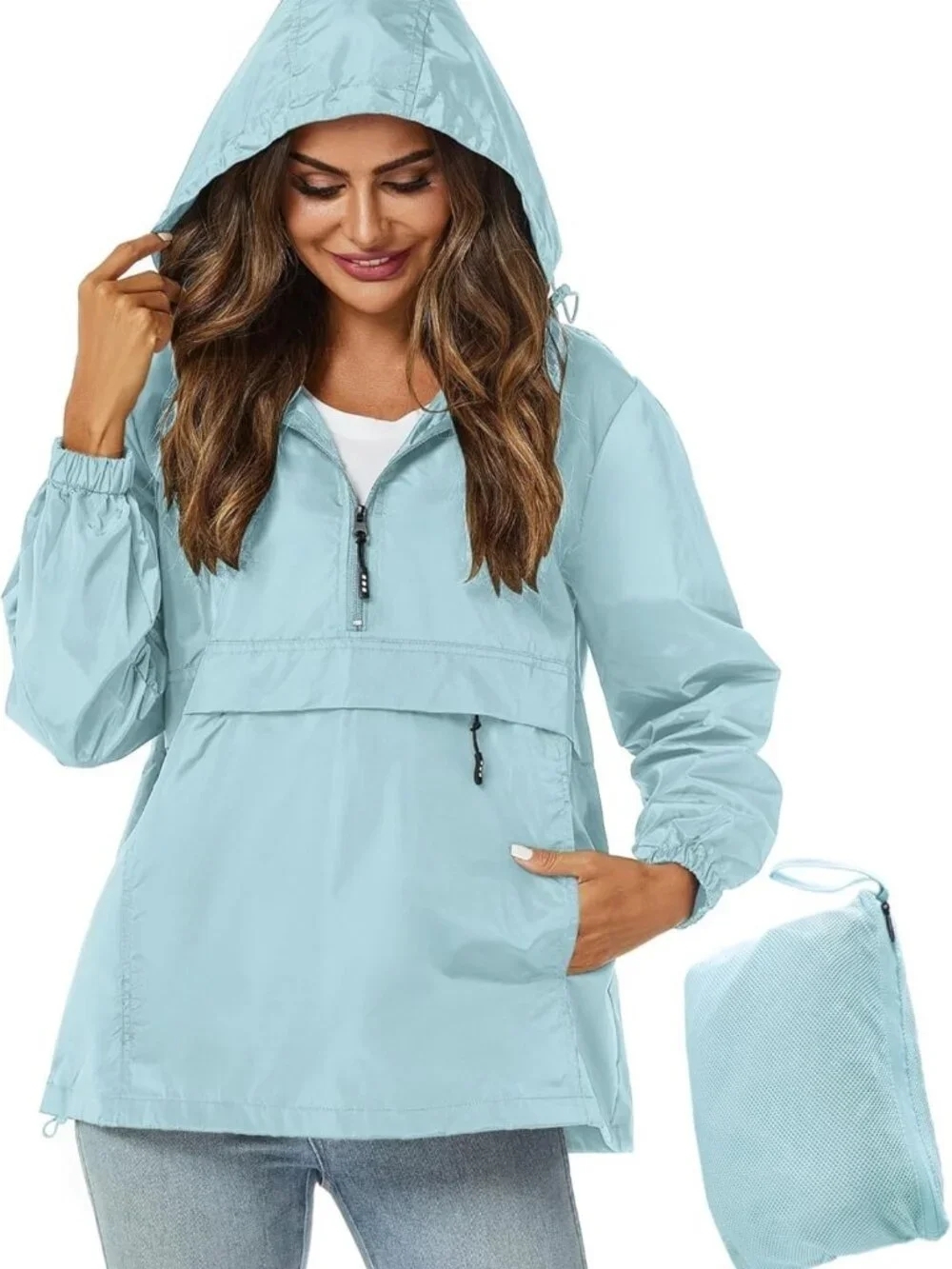 Lightweight Packable Rain Jacket with Hood, Waterproof Windbreaker for Women